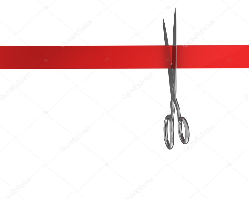 Scissors cut the ribbon top view