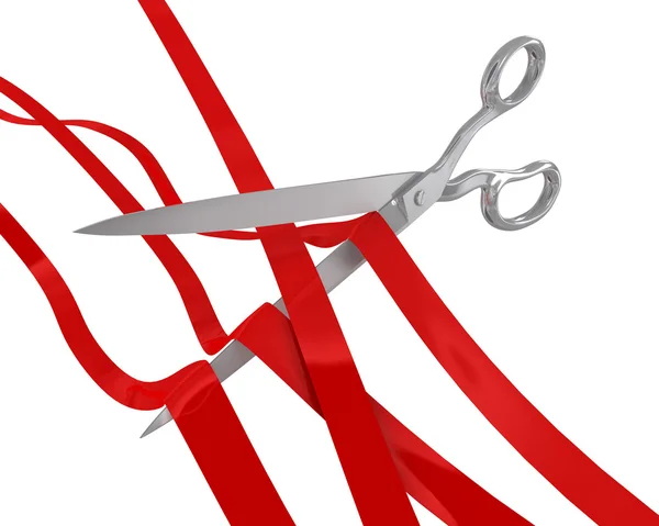 Huge scissors cut many ribbons — Stock Photo, Image