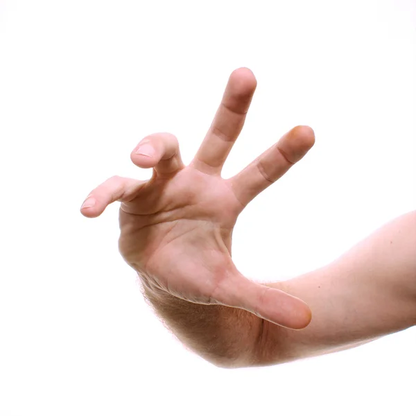 Männliche Hand greift isoliert auf weiß nach dem Betrachter — Stockfoto