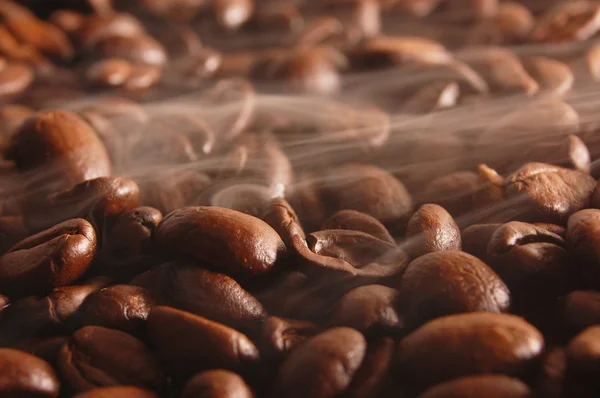 Kávová zrna s párou — Stock fotografie