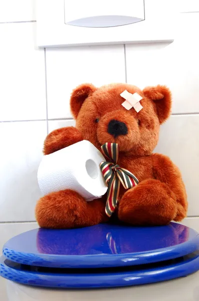Urso de pelúcia de brinquedo no banheiro wc — Fotografia de Stock