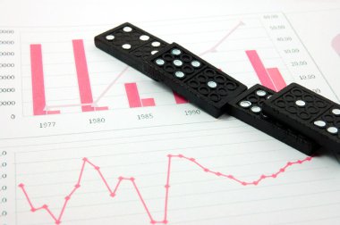 Risky domino over a financial business chart clipart