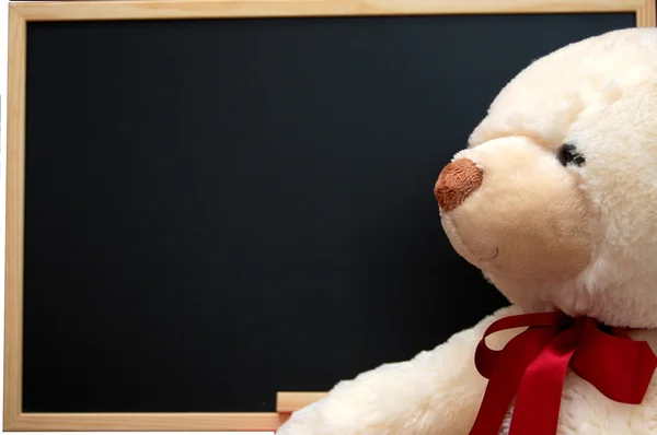 Teddy with empty blackboard — Stock Photo, Image