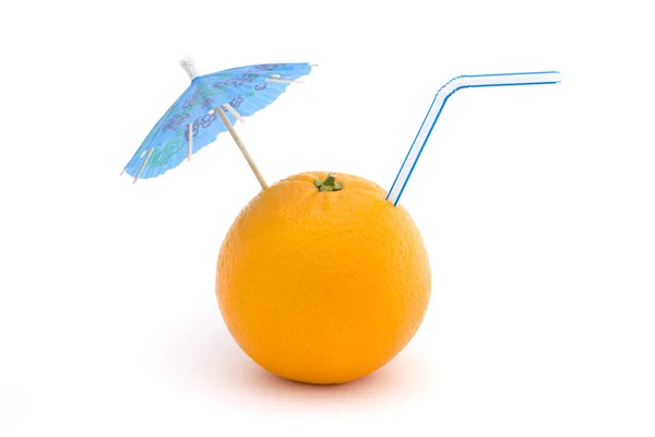 Orange with straw and umbrella over whit — Stock Photo, Image