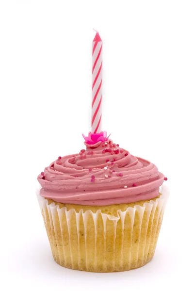 Pink cupcake with candle — Stock Photo, Image