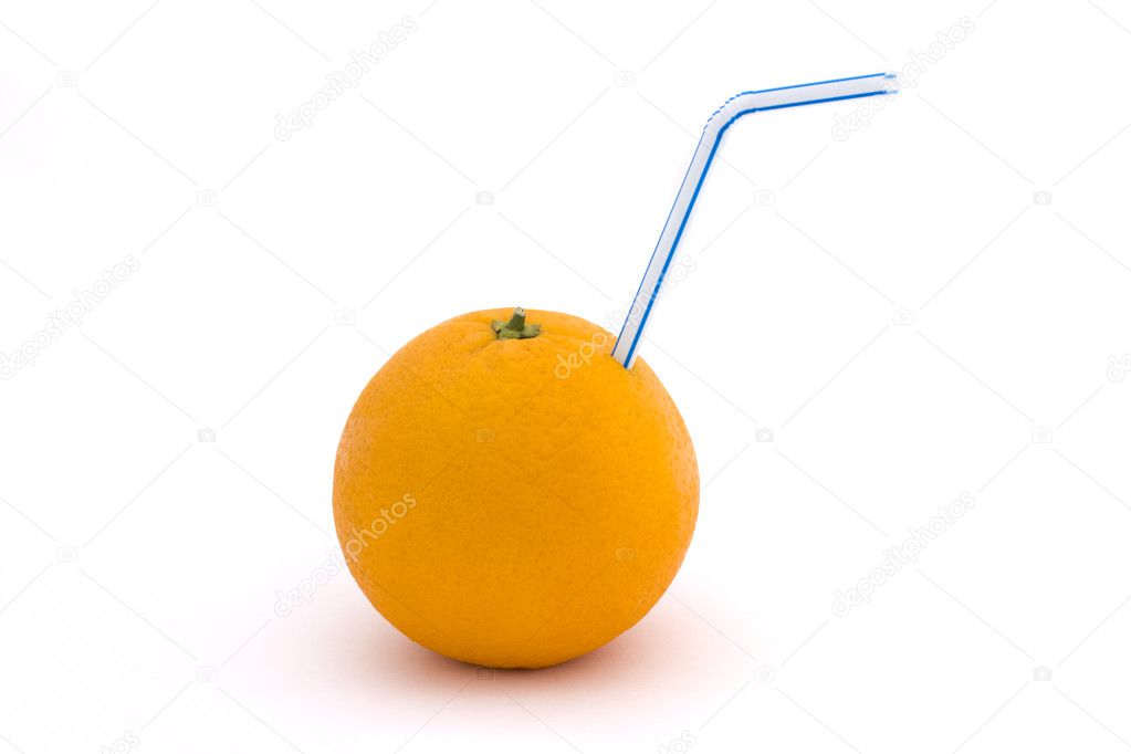 Orange with straw over white