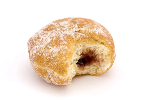 Jam doughnut witha bite missing over white — Stock Photo, Image