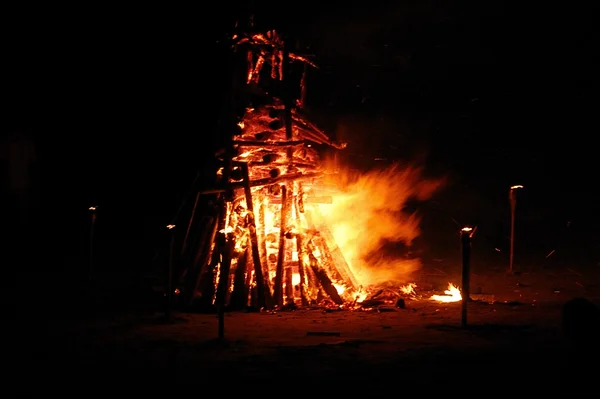 Égő tűz fa a strandon Stock Kép