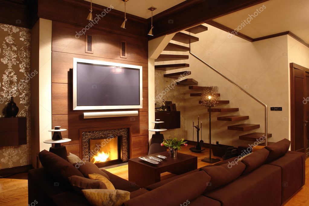 Interieur van een woonkamer met open haard — stockfoto ... Woonkamer interieur haard
