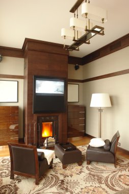 Interior of room with fireplace clipart