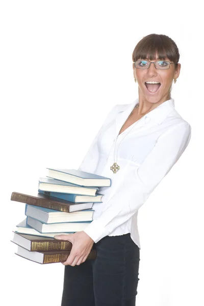 Girl with a lot of books — Stock Photo, Image