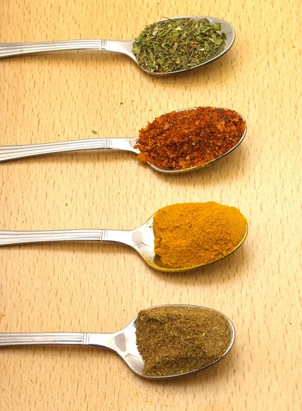 Spoon with different spices — Stock Photo, Image