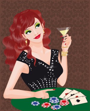 The green-eyed girl plays poker. vector clipart