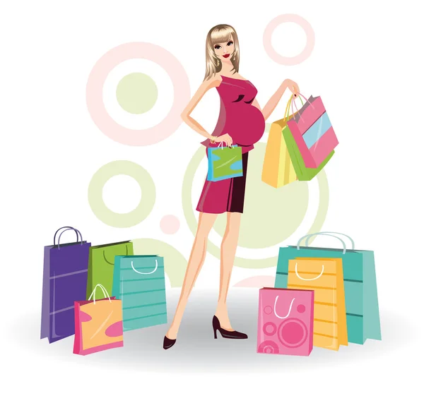 Pregnant woman and shopping bags, vecto — Stock Vector