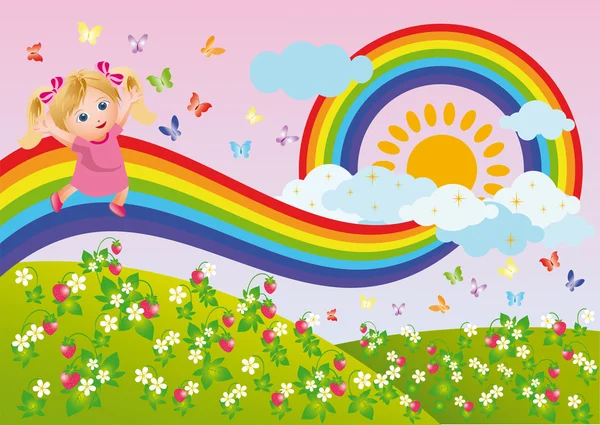 La chica corre en un arco iris. vector — Archivo Imágenes Vectoriales