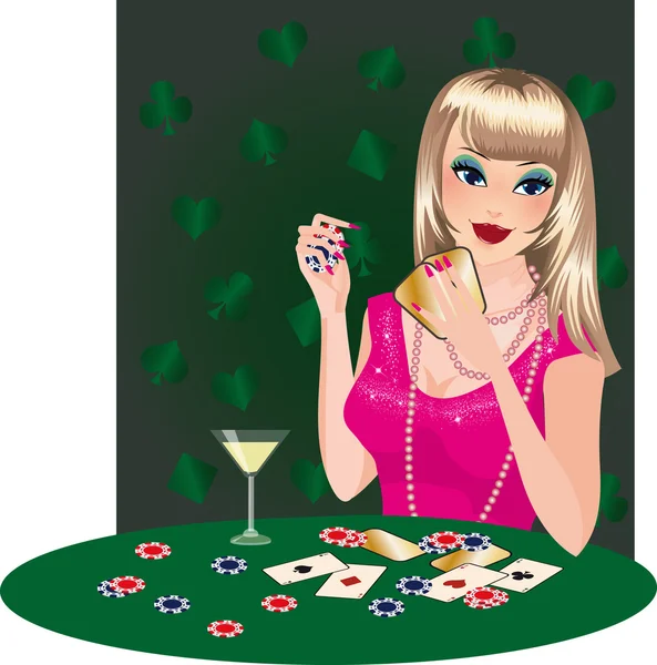 De blonde meisje speelt poker. vector. — Stockvector