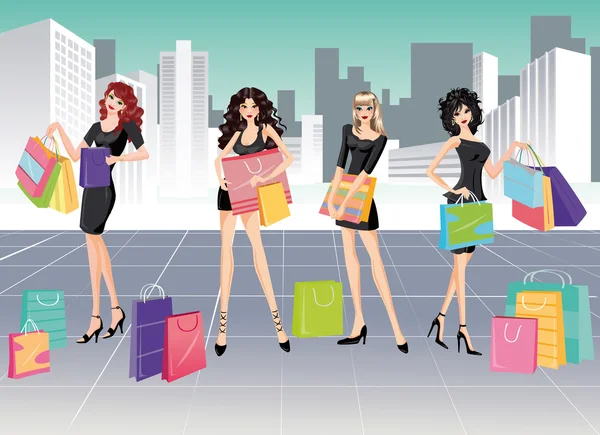 Les filles et le shopping. vecteur — Image vectorielle