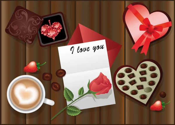 Miłość karty z różą i kawy. wektor — Wektor stockowy