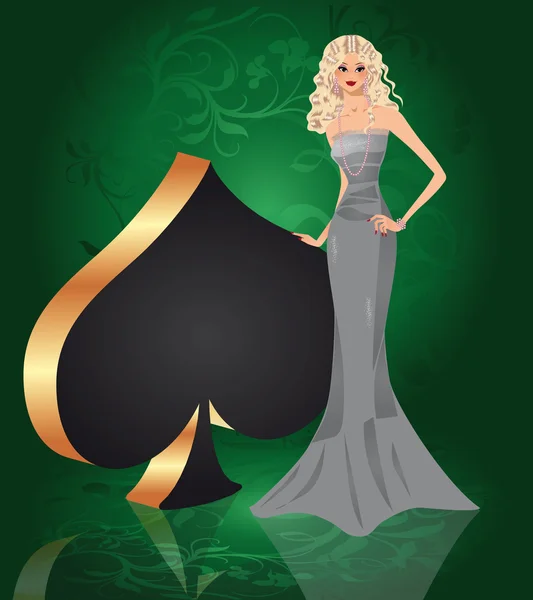 Poker symbool spade en blond meisje. — Stockvector