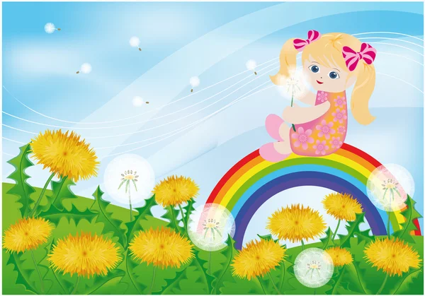 Spring card, girl and dandelions. vector — Stock Vector