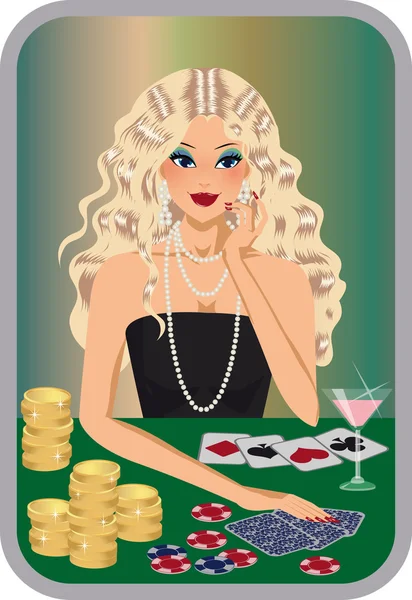 Blondes Mädchen spielt Poker. Vektor — Stockvektor