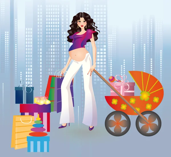 Έγκυος κοπέλα και ψώνια σε μια πόλη. — Διανυσματικό Αρχείο