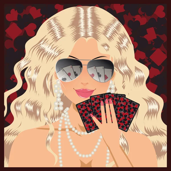Poker oyunları gözlüklü sarışın kız. vektör — Stok Vektör