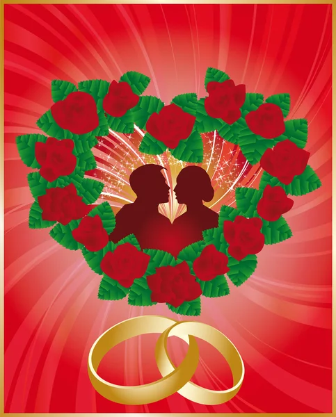 Cartão de amor com amantes e anéis de casamento , —  Vetores de Stock