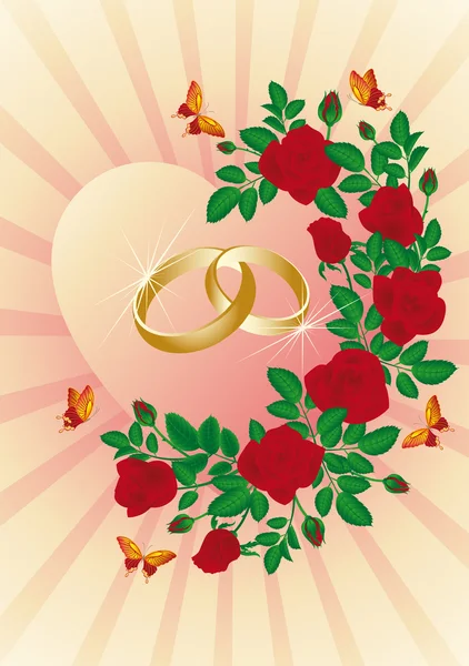 Carte de mariage avec anneaux dorés, vecteur — Image vectorielle