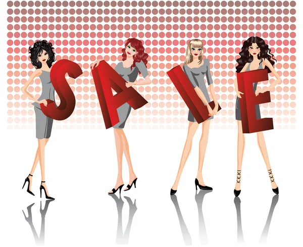 Vier meisjes houden rode letters van een woord verkoop. vector — Stockvector