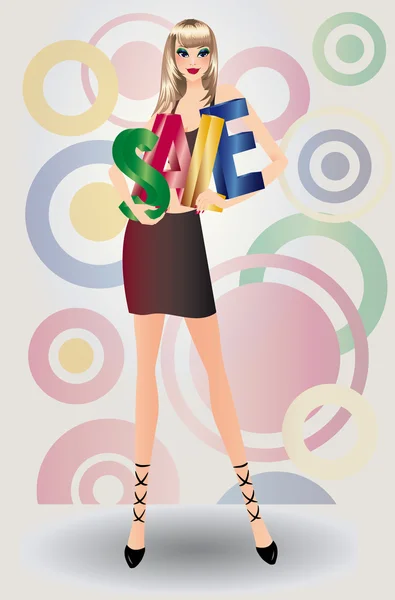 Blondes Mädchen mit Buchstaben eines Wortes Verkauf in 3D-Bild. Vektor — Stockvektor