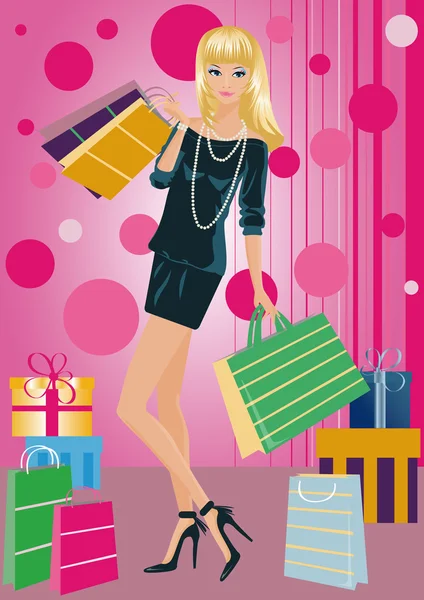 Shopping fashion girl with bags , vector — Stock Vector
