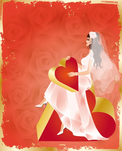 Krásná nevěsta s červeným srdcem a růžemi, vektor — Stockový vektor
