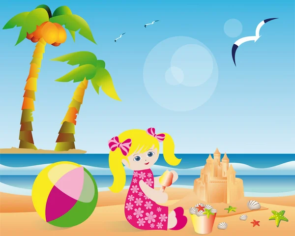 Cartão de verão, menina constrói um castelo de areia. vetor — Vetor de Stock