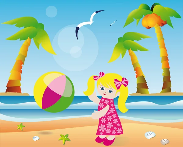女孩在海滩上玩球。矢量 — 图库矢量图片