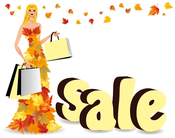 Hösten shopping flicka och försäljning i 3d, vektor — Stock vektor