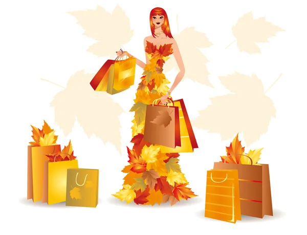 Outono menina de compras, vetor — Vetor de Stock