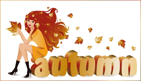 Otoño chica con texto "otoño" en la imagen 3D, vector — Vector de stock