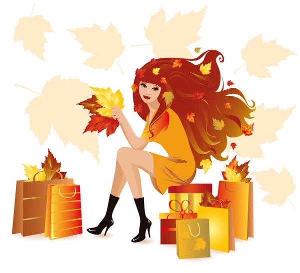 Autumn shopping girl with bags, vector — Stock Vector