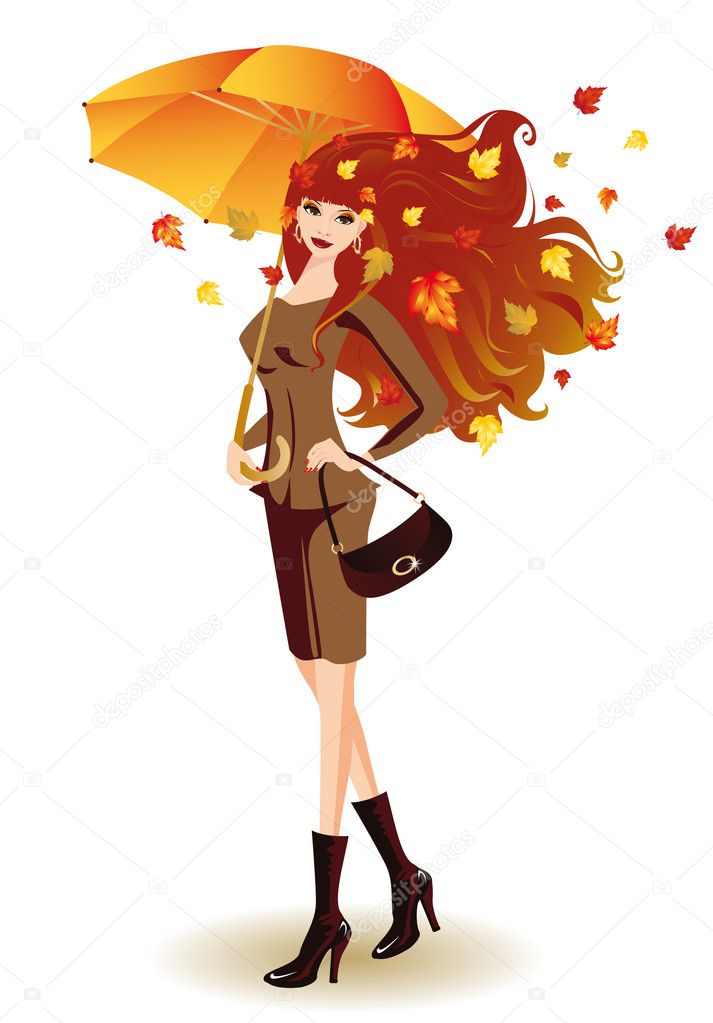 Autumn girl with umbrella. vector