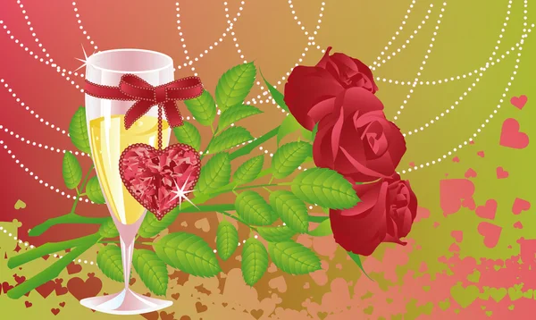 婚礼爱卡与香槟和玫瑰。矢量 — 图库矢量图片