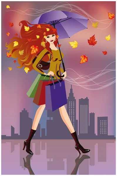 Podzimní nákupy. módní žena s taškami. vektor — Stockový vektor