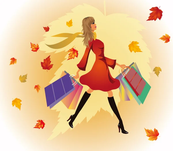 Sonbahar alışveriş kadın. vektör — Stok Vektör