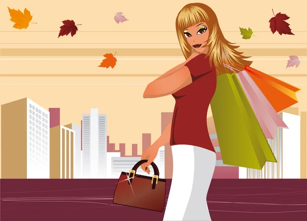 Herbsteinkäufe. Modefrau mit Taschen in der Stadt. Vektor — Stockvektor
