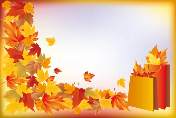 Carte de vente d'automne, sacs à provisions avec érable. vecteur — Image vectorielle