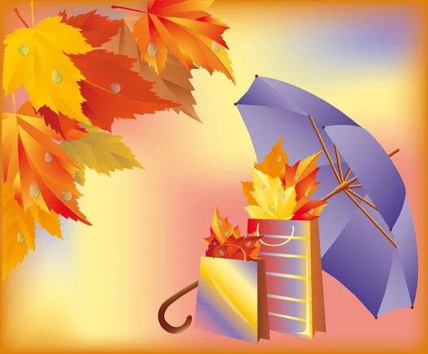 Conceito de compras, sacos de loja de outono com guarda-chuva, vetor — Vetor de Stock