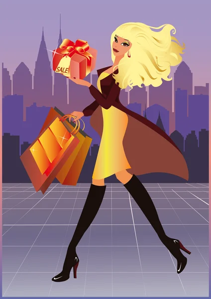 Shopping fashion girl in city. vector illustration — Stock Vector