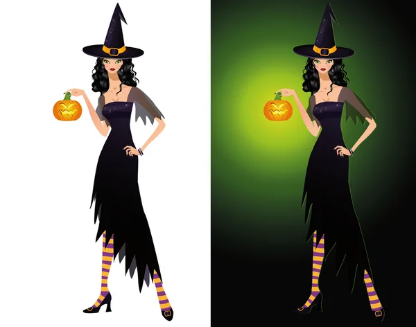 Lady Halloween, boszorkány és tök kártya. vektor — Stock Vector