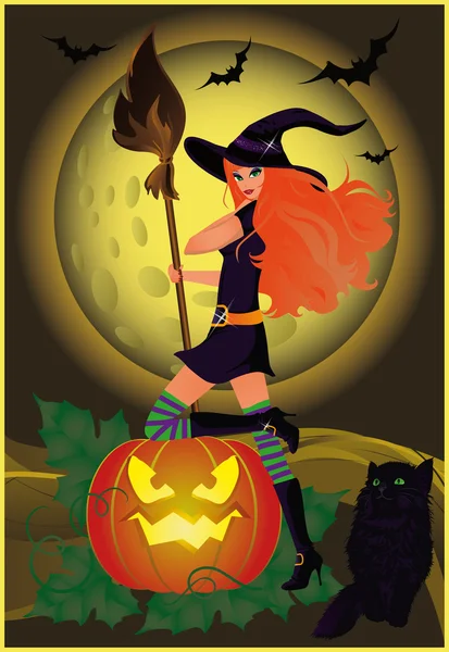 Halloween card with girl and cat, vector — Stock Vector