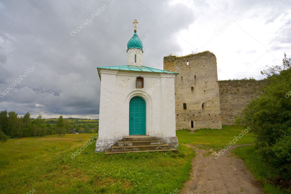 Old Chapel by Izborsk ruins, Pskov region, Russia.